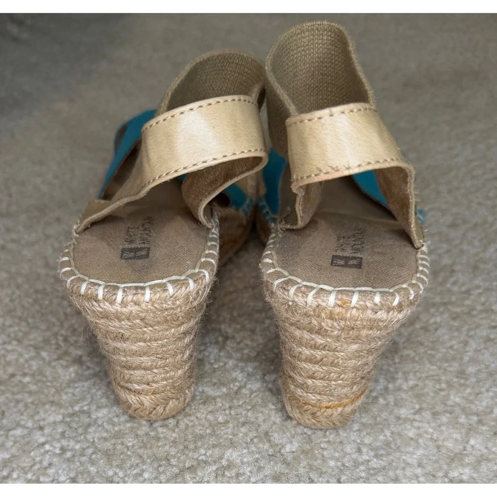 White‎ Mountain Laughline Teal Blue Tan Espadrille Wedge Sandals Womens 9M